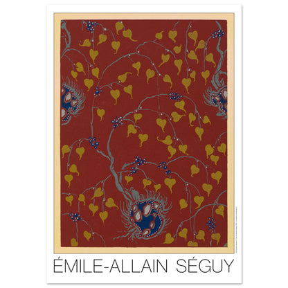 Planche Samarkande : feuilles dorées sur fond rouge par E.A. Séguy (70x100 cm). Motifs de Samarkande par Émile-Allain Séguy : des feuilles stylisées dorées et des motifs floraux bleus sur fond rouge.