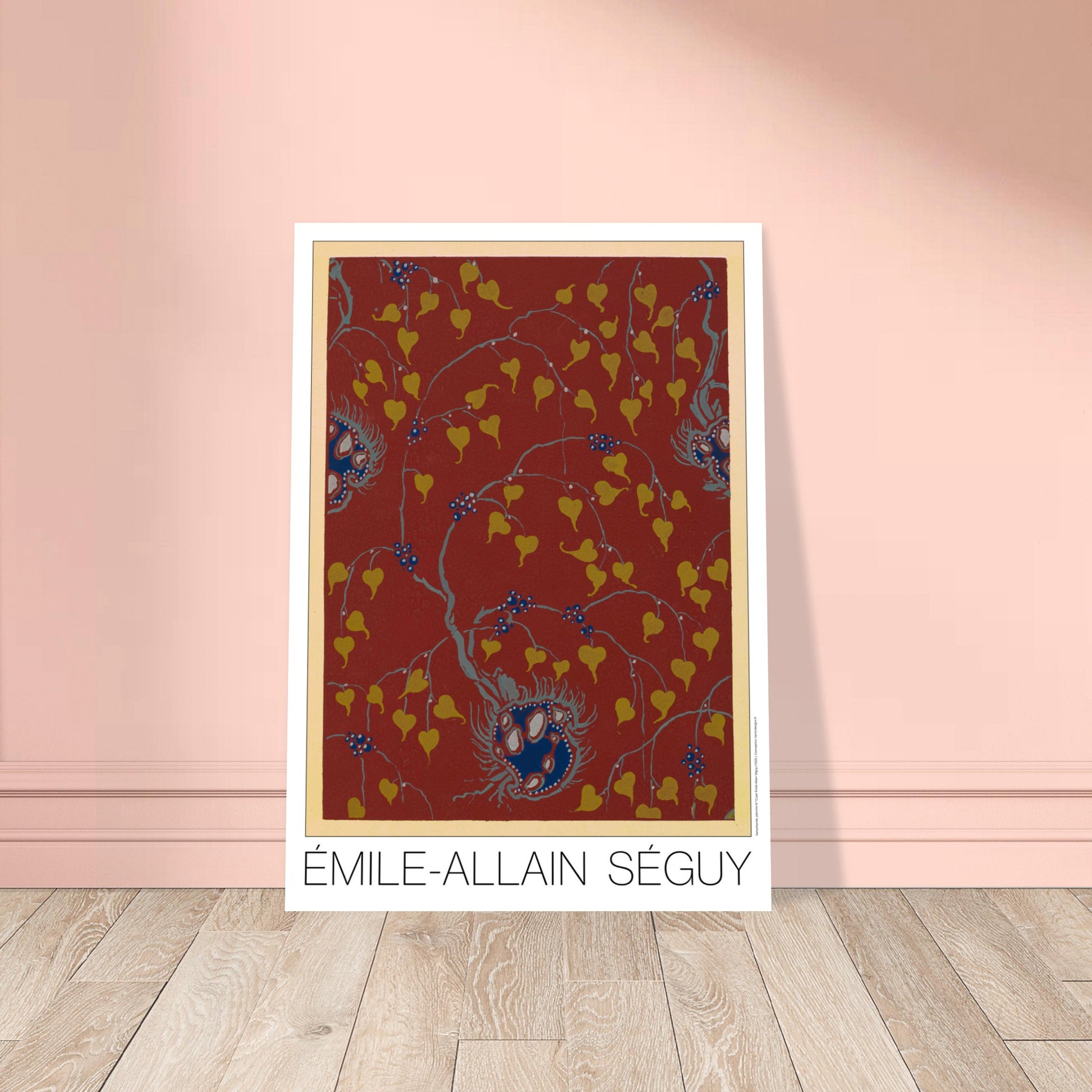 Planche Samarkande : feuilles dorées sur fond rouge par E.A. Séguy. Motifs de Samarkande par Émile-Allain Séguy : des feuilles stylisées dorées et des motifs floraux bleus sur fond rouge. Image d'illustration 8