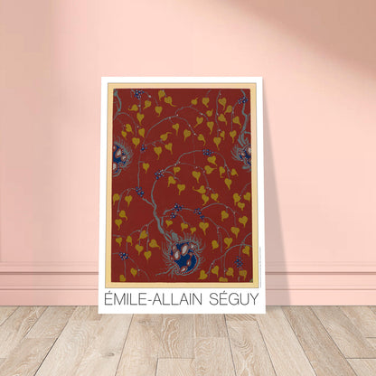 Planche Samarkande : feuilles dorées sur fond rouge par E.A. Séguy. Motifs de Samarkande par Émile-Allain Séguy : des feuilles stylisées dorées et des motifs floraux bleus sur fond rouge. Image d'illustration 8