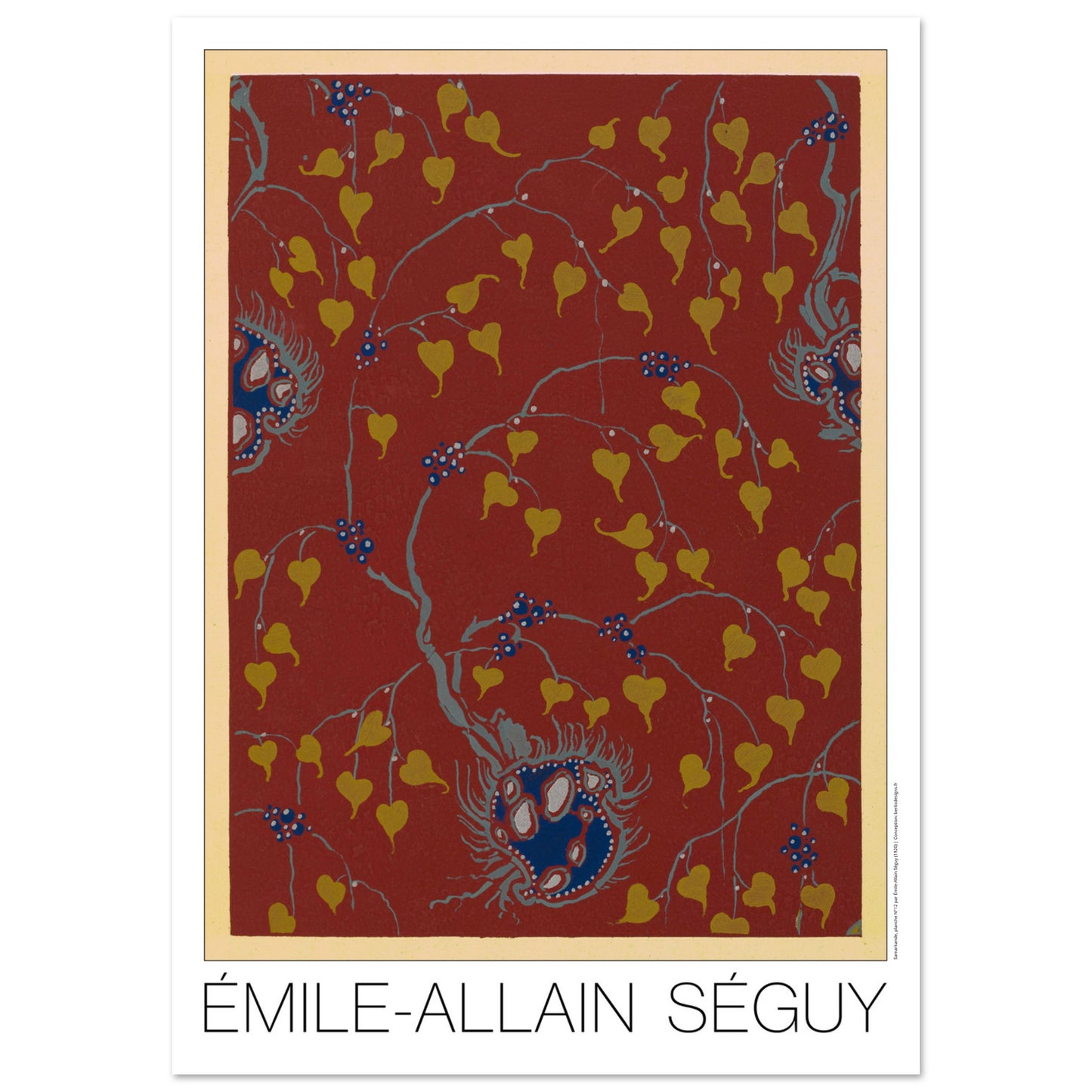 Planche Samarkande : feuilles dorées sur fond rouge par E.A. Séguy (84,1x118,9 cm (A0)). Motifs de Samarkande par Émile-Allain Séguy : des feuilles stylisées dorées et des motifs floraux bleus sur fond rouge.
