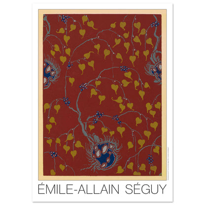 Planche Samarkande : feuilles dorées sur fond rouge par E.A. Séguy (84,1x118,9 cm (A0)). Motifs de Samarkande par Émile-Allain Séguy : des feuilles stylisées dorées et des motifs floraux bleus sur fond rouge.