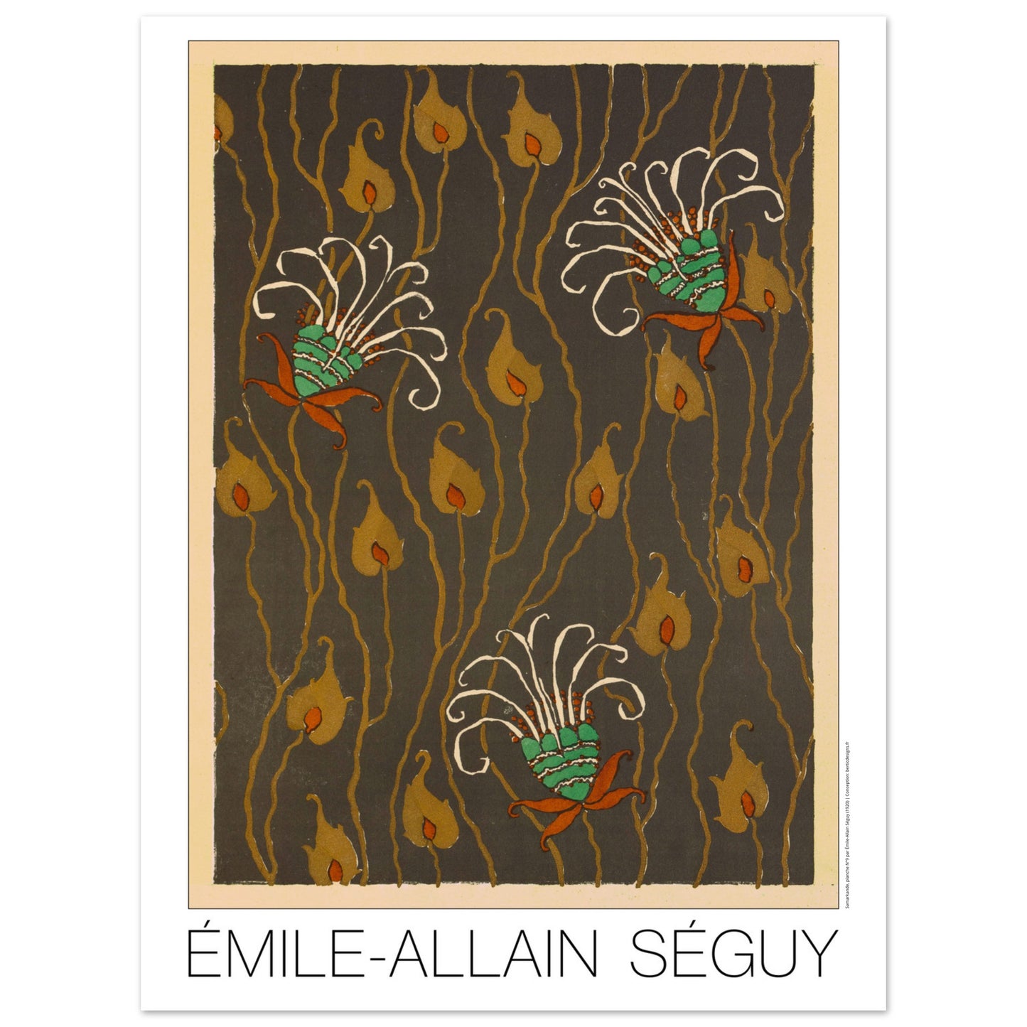 Planche Samarkande : fleurs blanches et vertes par E.A. Séguy (30x40 cm). Motifs de Samarkande par Émile-Allain Séguy : des formes florales blanches et vertes avec des accents oranges sur un fond brun.