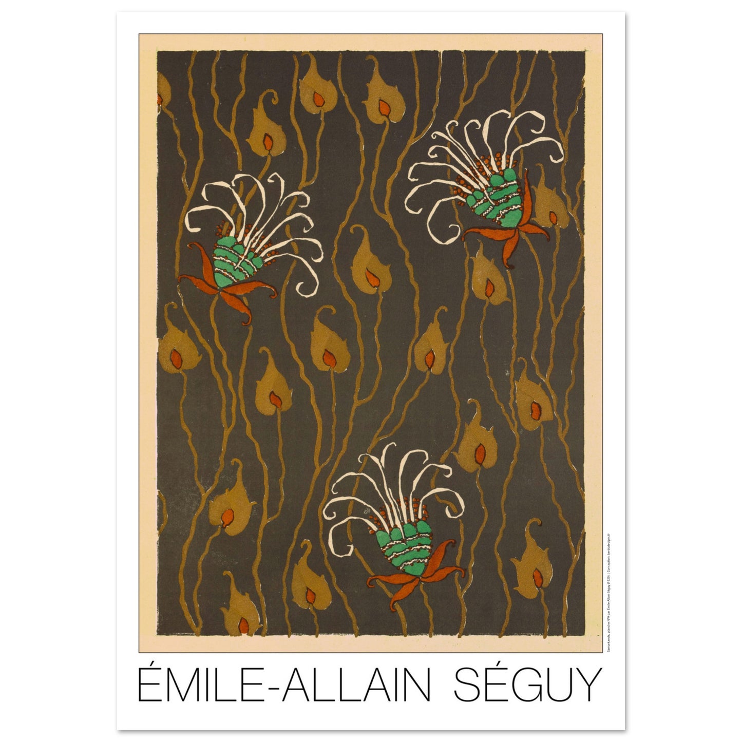 Planche Samarkande : fleurs blanches et vertes par E.A. Séguy (84,1x118,9 cm (A0)). Motifs de Samarkande par Émile-Allain Séguy : des formes florales blanches et vertes avec des accents oranges sur un fond brun.