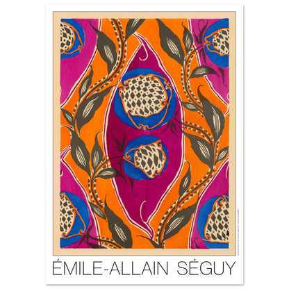 Planche Samarkande : motifs de fruits exotiques par E.A. Séguy (29,7x42 cm (A3)). Motifs de Samarkande par Émile-Allain Séguy : des formes florales bleues et des motifs végétaux sombres sur fond orange et fuchsia.