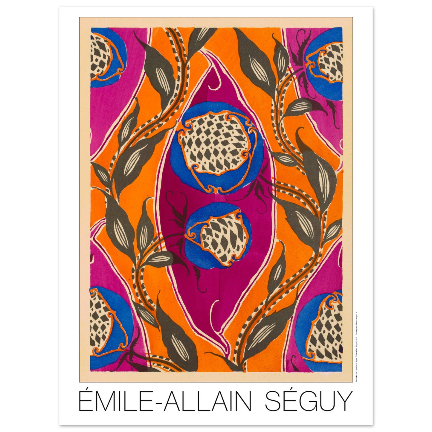 Planche Samarkande : motifs de fruits exotiques par E.A. Séguy (30x40 cm). Motifs de Samarkande par Émile-Allain Séguy : des formes florales bleues et des motifs végétaux sombres sur fond orange et fuchsia.