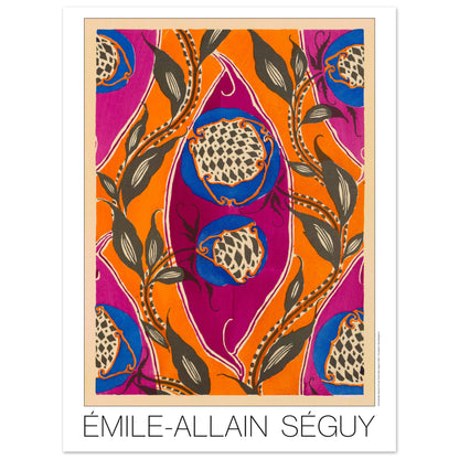 Planche Samarkande : motifs de fruits exotiques par E.A. Séguy (30x40 cm). Motifs de Samarkande par Émile-Allain Séguy : des formes florales bleues et des motifs végétaux sombres sur fond orange et fuchsia.