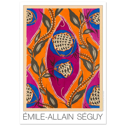 Planche Samarkande : motifs de fruits exotiques par E.A. Séguy (42x59,4 cm (A2)). Motifs de Samarkande par Émile-Allain Séguy : des formes florales bleues et des motifs végétaux sombres sur fond orange et fuchsia.