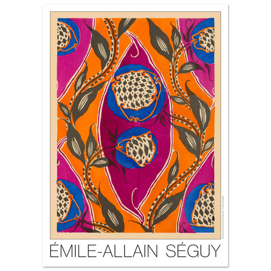 Planche Samarkande : motifs de fruits exotiques par E.A. Séguy (42x59,4 cm (A2)). Motifs de Samarkande par Émile-Allain Séguy : des formes florales bleues et des motifs végétaux sombres sur fond orange et fuchsia.