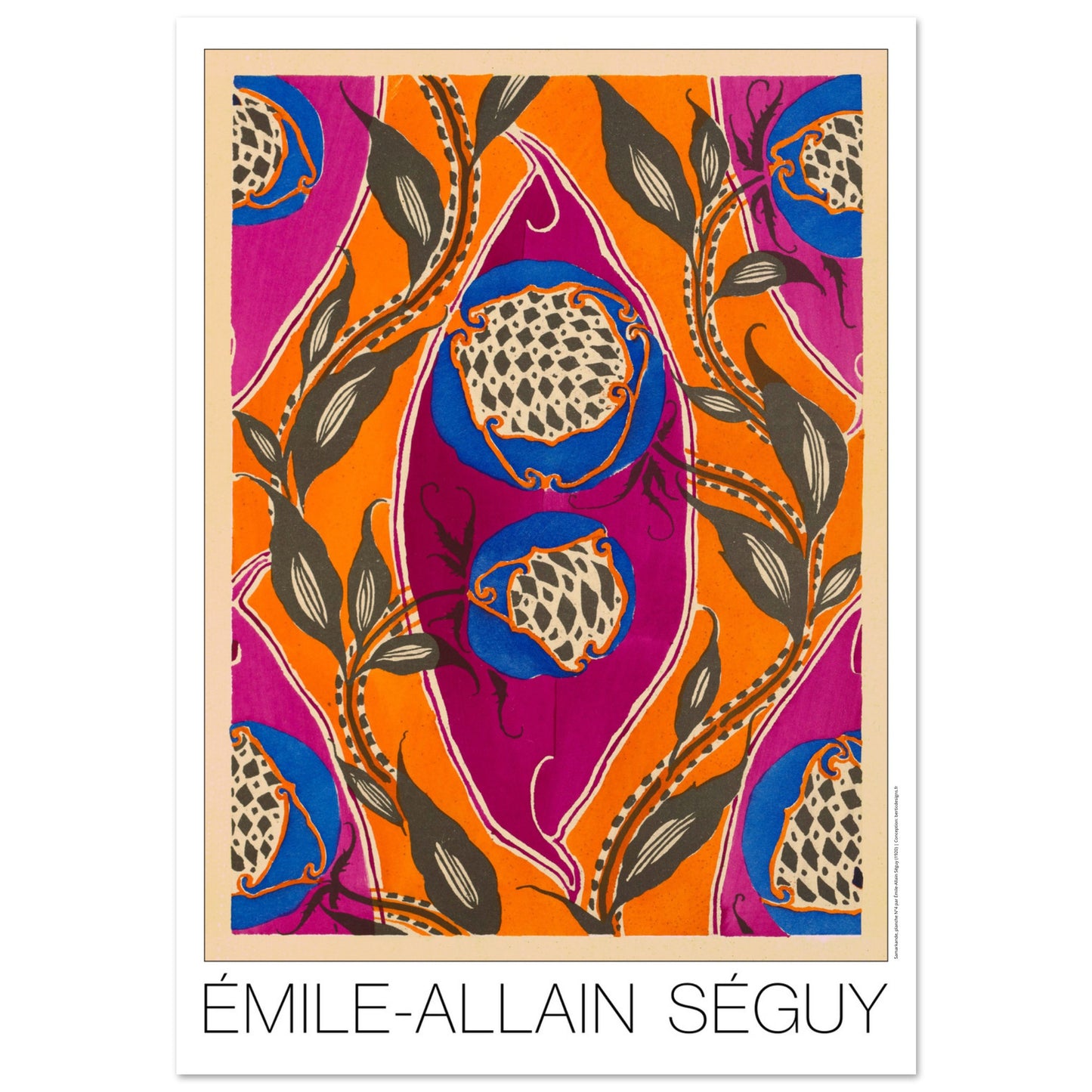 Planche Samarkande : motifs de fruits exotiques par E.A. Séguy (70x100 cm). Motifs de Samarkande par Émile-Allain Séguy : des formes florales bleues et des motifs végétaux sombres sur fond orange et fuchsia.