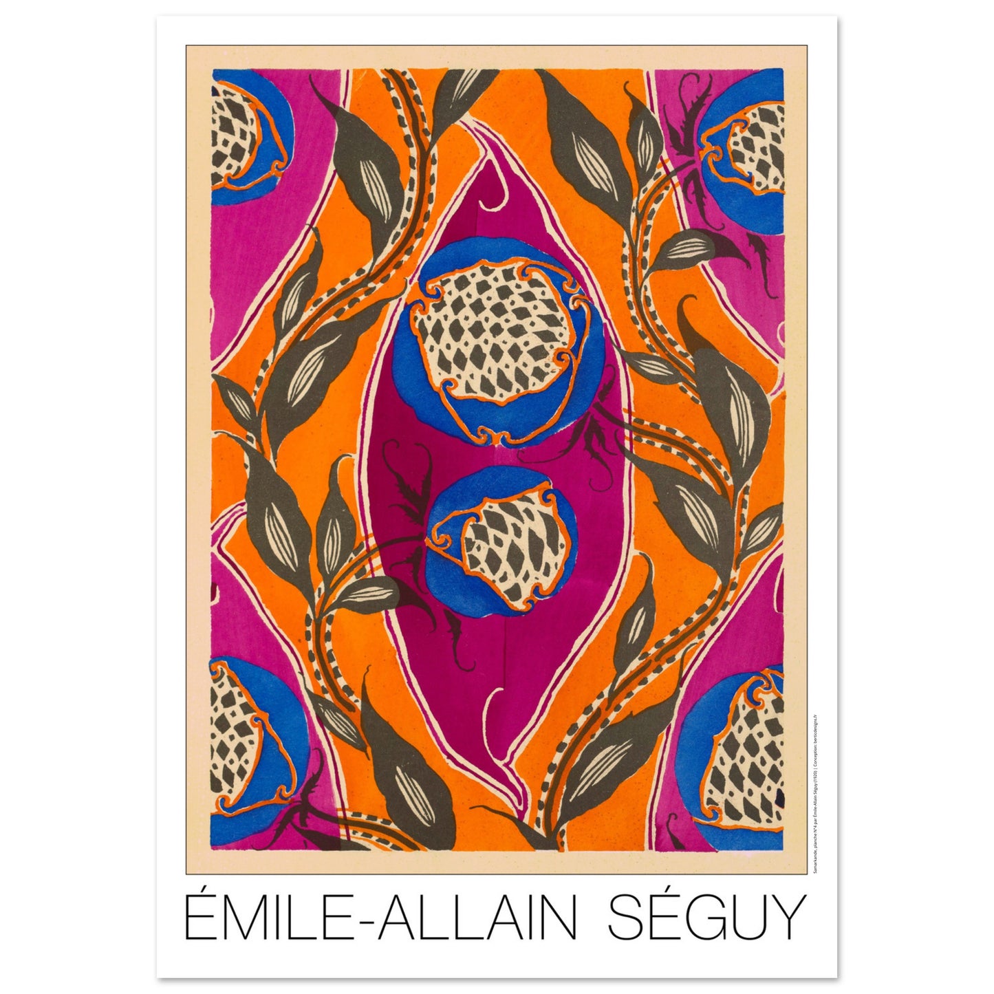 Planche Samarkande : motifs de fruits exotiques par E.A. Séguy (84,1x118,9 cm (A0)). Motifs de Samarkande par Émile-Allain Séguy : des formes florales bleues et des motifs végétaux sombres sur fond orange et fuchsia.
