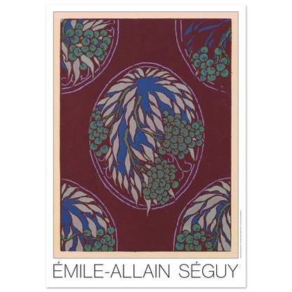 Planche Samarkande : médaillons bleus sur fond bordeaux par E.A. Séguy (29,7x42 cm (A3)). Gravure Art déco de motifs végétaux stylisés aux formes ovales bleues et vertes sur fond bordeaux, bordée d'un fin liseré violet.