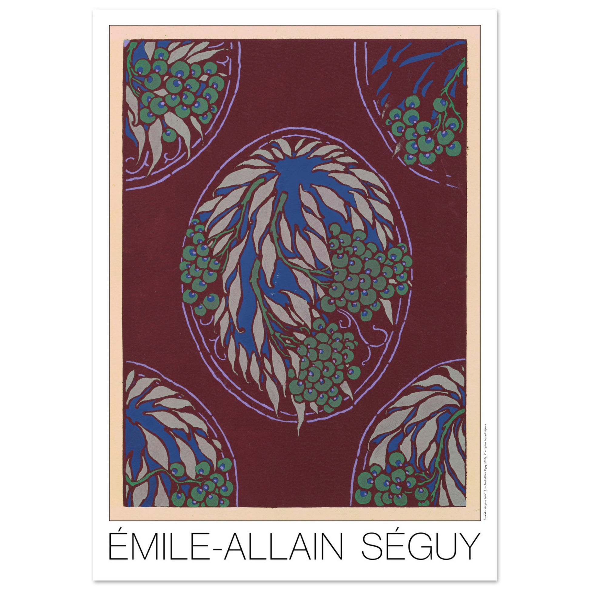 Planche Samarkande : médaillons bleus sur fond bordeaux par E.A. Séguy (42x59,4 cm (A2)). Gravure Art déco de motifs végétaux stylisés aux formes ovales bleues et vertes sur fond bordeaux, bordée d'un fin liseré violet.