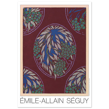 Planche Samarkande : médaillons bleus sur fond bordeaux par E.A. Séguy (70x100 cm). Gravure Art déco de motifs végétaux stylisés aux formes ovales bleues et vertes sur fond bordeaux, bordée d'un fin liseré violet.