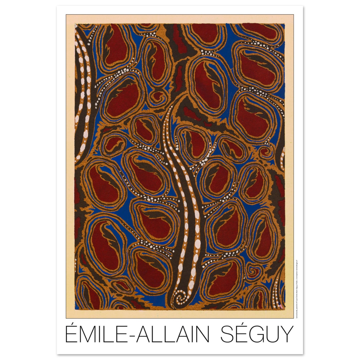 Planche de médaillons bruns, Samarkande d’Émile-Allain Séguy (29,7x42 cm (A3)). Gravure Art déco présentant un motif abstrait répétitif de formes ovales brunes et bleues sur un fond bordeaux, rehaussé de points blancs et dorés.
