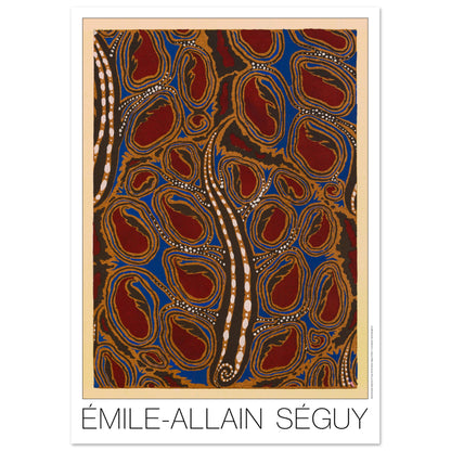 Planche de médaillons bruns, Samarkande d’Émile-Allain Séguy (29,7x42 cm (A3)). Gravure Art déco présentant un motif abstrait répétitif de formes ovales brunes et bleues sur un fond bordeaux, rehaussé de points blancs et dorés.