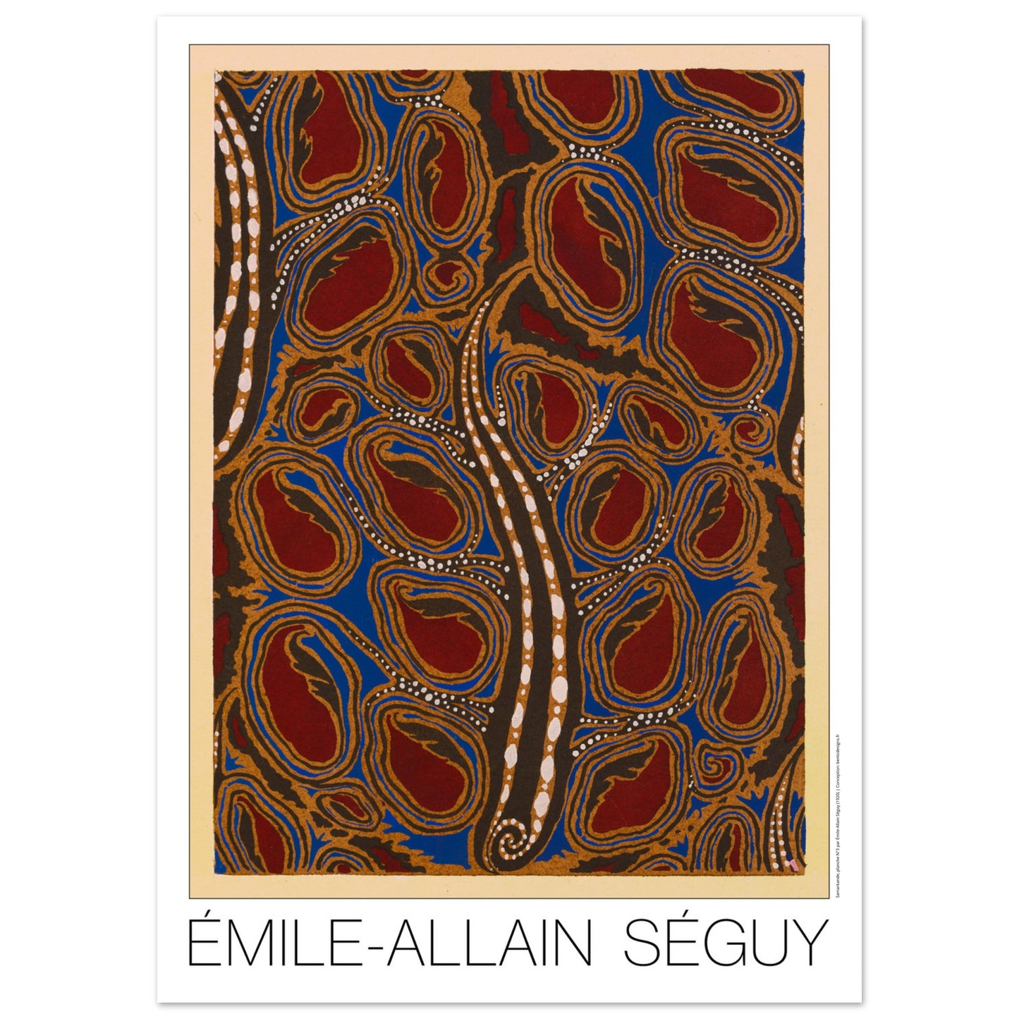 Planche de médaillons bruns, Samarkande d’Émile-Allain Séguy (50x70 cm). Gravure Art déco présentant un motif abstrait répétitif de formes ovales brunes et bleues sur un fond bordeaux, rehaussé de points blancs et dorés.