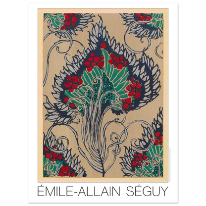 Planche de motif floral beige et rouge, Samarkande de Séguy (30x40 cm). Affiche de motifs orientaux de Séguy, présentant un motif floral stylisé aux baies rouges, feuilles bleues et vertes, sur fond beige.