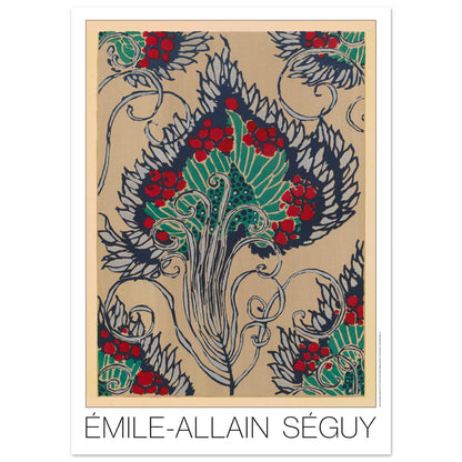 Planche de motif floral beige et rouge, Samarkande de Séguy (50x70 cm). Affiche de motifs orientaux de Séguy, présentant un motif floral stylisé aux baies rouges, feuilles bleues et vertes, sur fond beige.