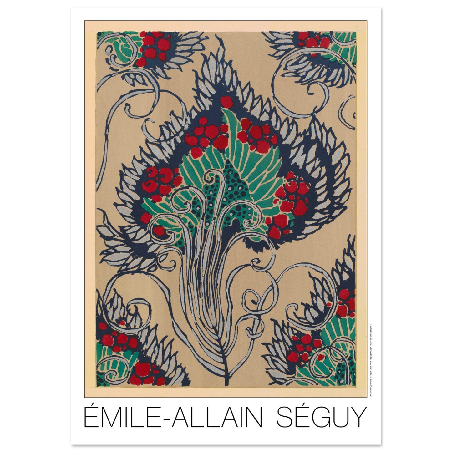 Planche de motif floral beige et rouge, Samarkande de Séguy (84,1x118,9 cm (A0)). Affiche de motifs orientaux de Séguy, présentant un motif floral stylisé aux baies rouges, feuilles bleues et vertes, sur fond beige.