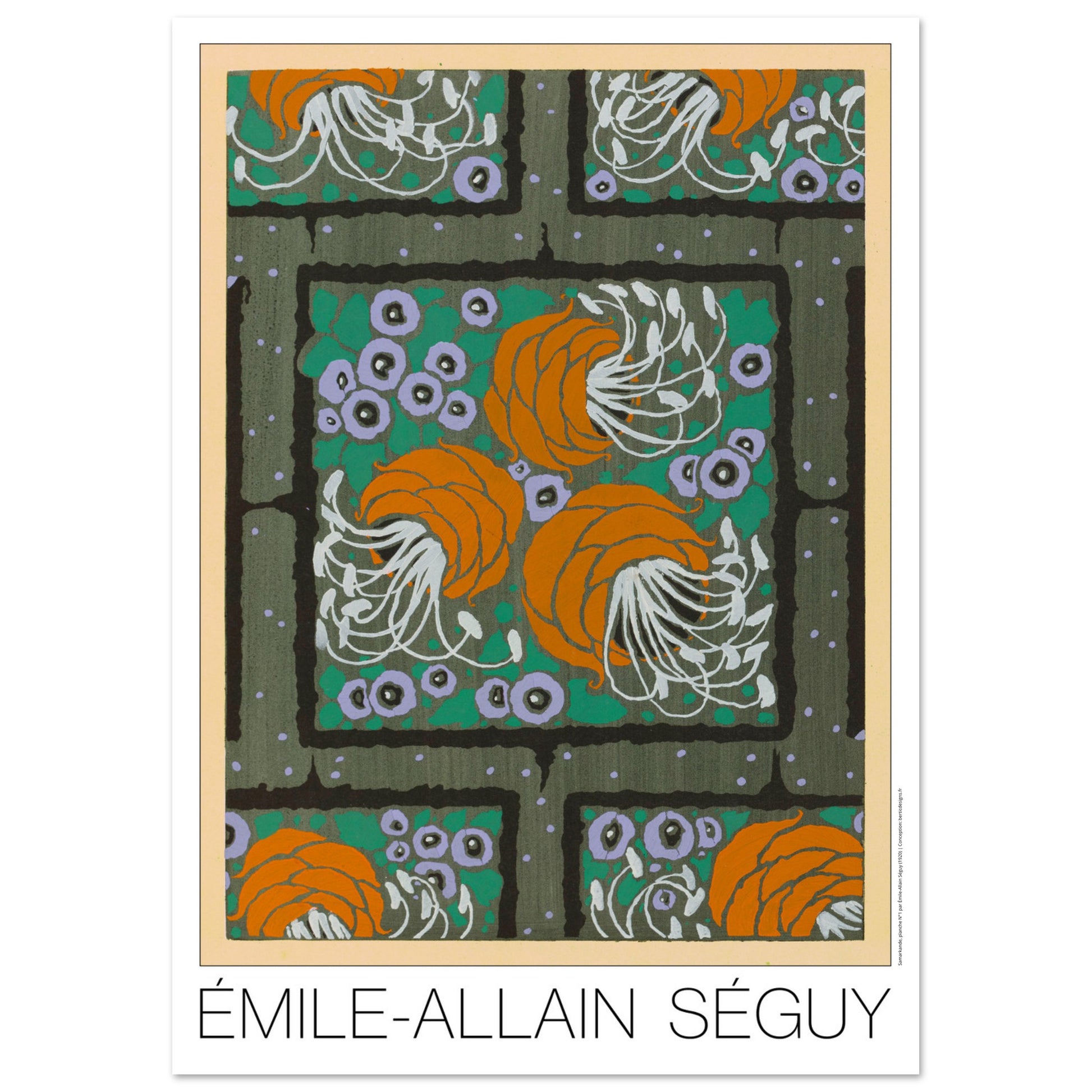 Planche Samarkande, motifs floraux oranges et verts par E.A. Séguy (29,7x42 cm (A3)). Motifs de Samarkande par Émile-Allain Séguy : des formes florales stylisées oranges et violettes sur un fond quadrillé vert.