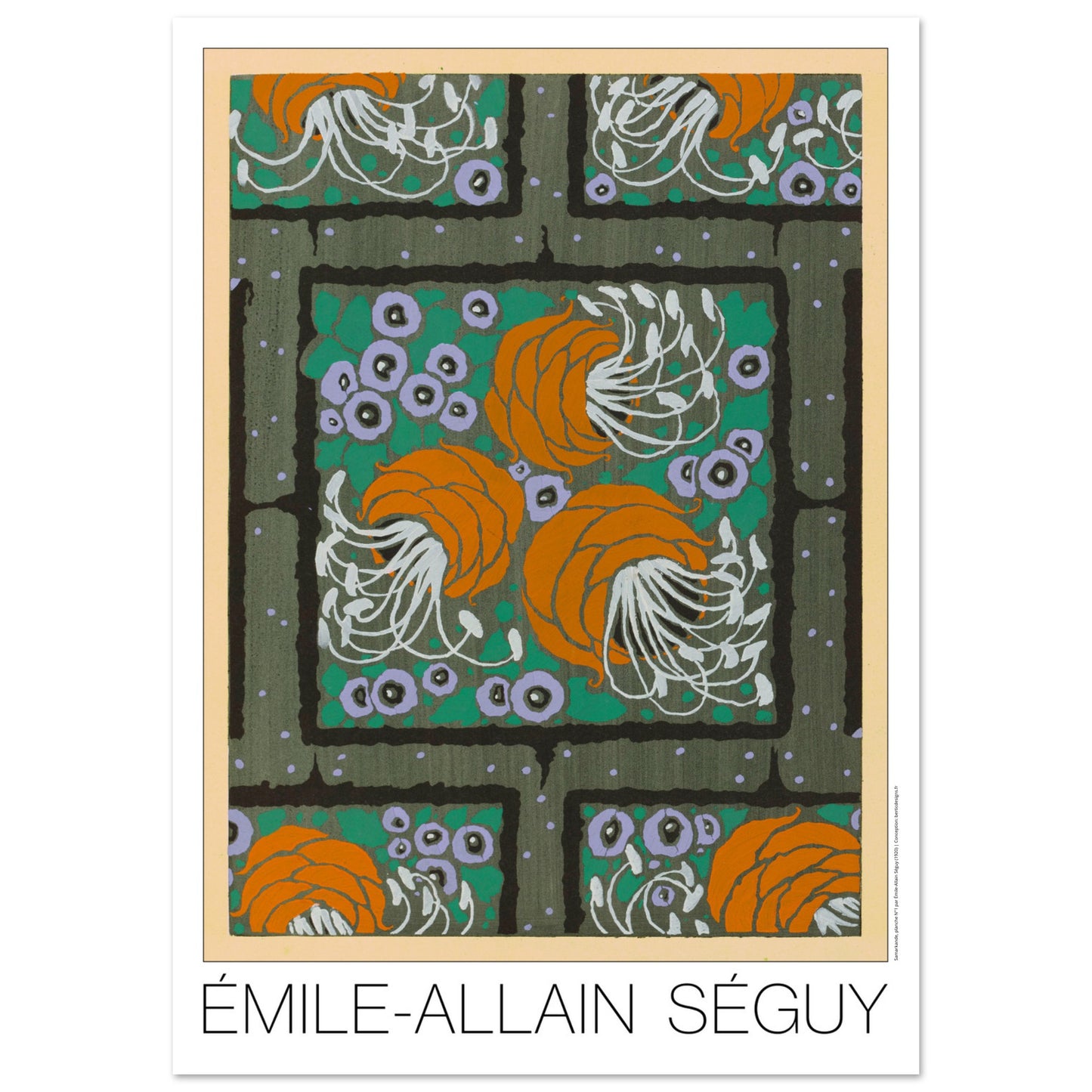 Planche Samarkande, motifs floraux oranges et verts par E.A. Séguy (59,4x84,1 cm (A1)). Motifs de Samarkande par Émile-Allain Séguy : des formes florales stylisées oranges et violettes sur un fond quadrillé vert.