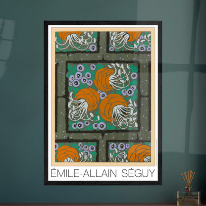 Planche Samarkande, motifs floraux oranges et verts par E.A. Séguy. Motifs de Samarkande par Émile-Allain Séguy : des formes florales stylisées oranges et violettes sur un fond quadrillé vert. Image d'illustration 7