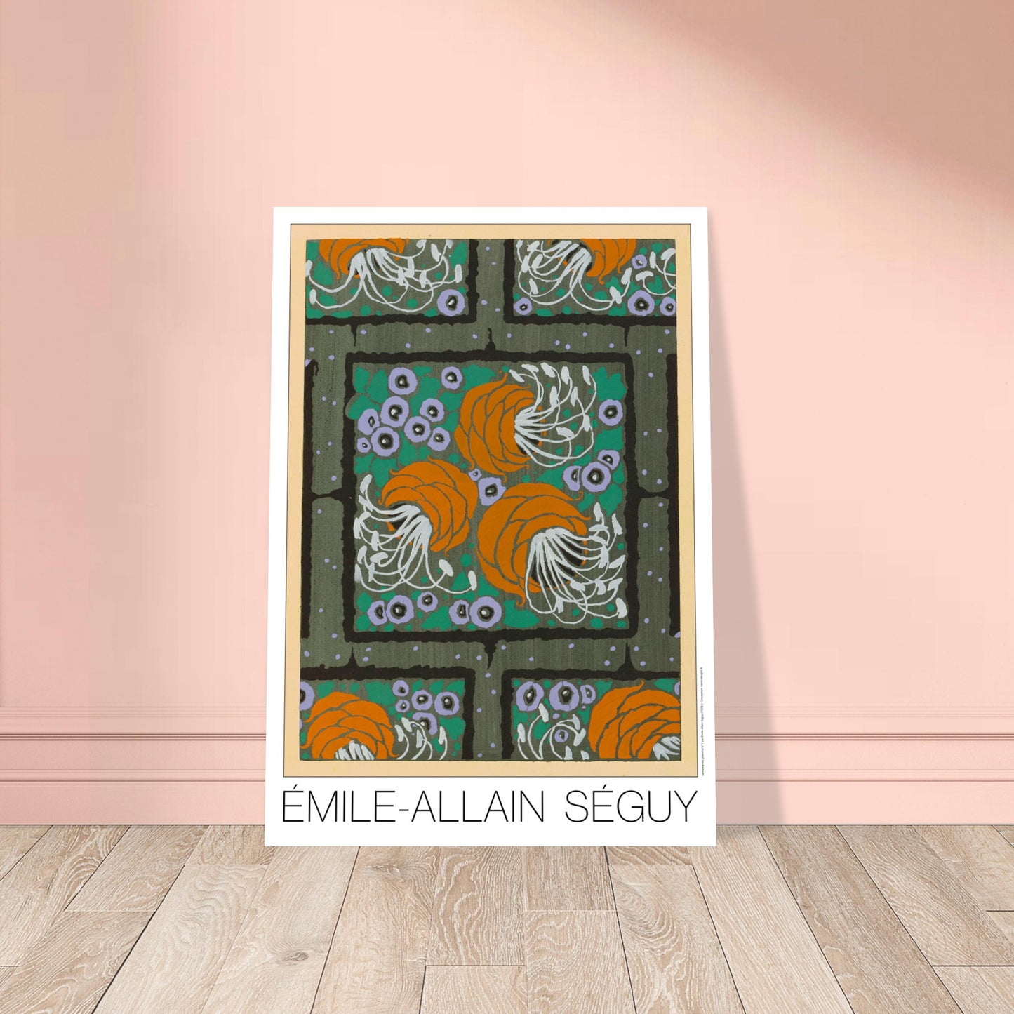 Planche Samarkande, motifs floraux oranges et verts par E.A. Séguy. Motifs de Samarkande par Émile-Allain Séguy : des formes florales stylisées oranges et violettes sur un fond quadrillé vert. Image d'illustration 8