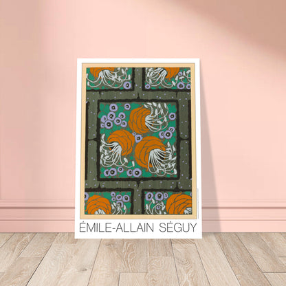 Planche Samarkande, motifs floraux oranges et verts par E.A. Séguy. Motifs de Samarkande par Émile-Allain Séguy : des formes florales stylisées oranges et violettes sur un fond quadrillé vert. Image d'illustration 8