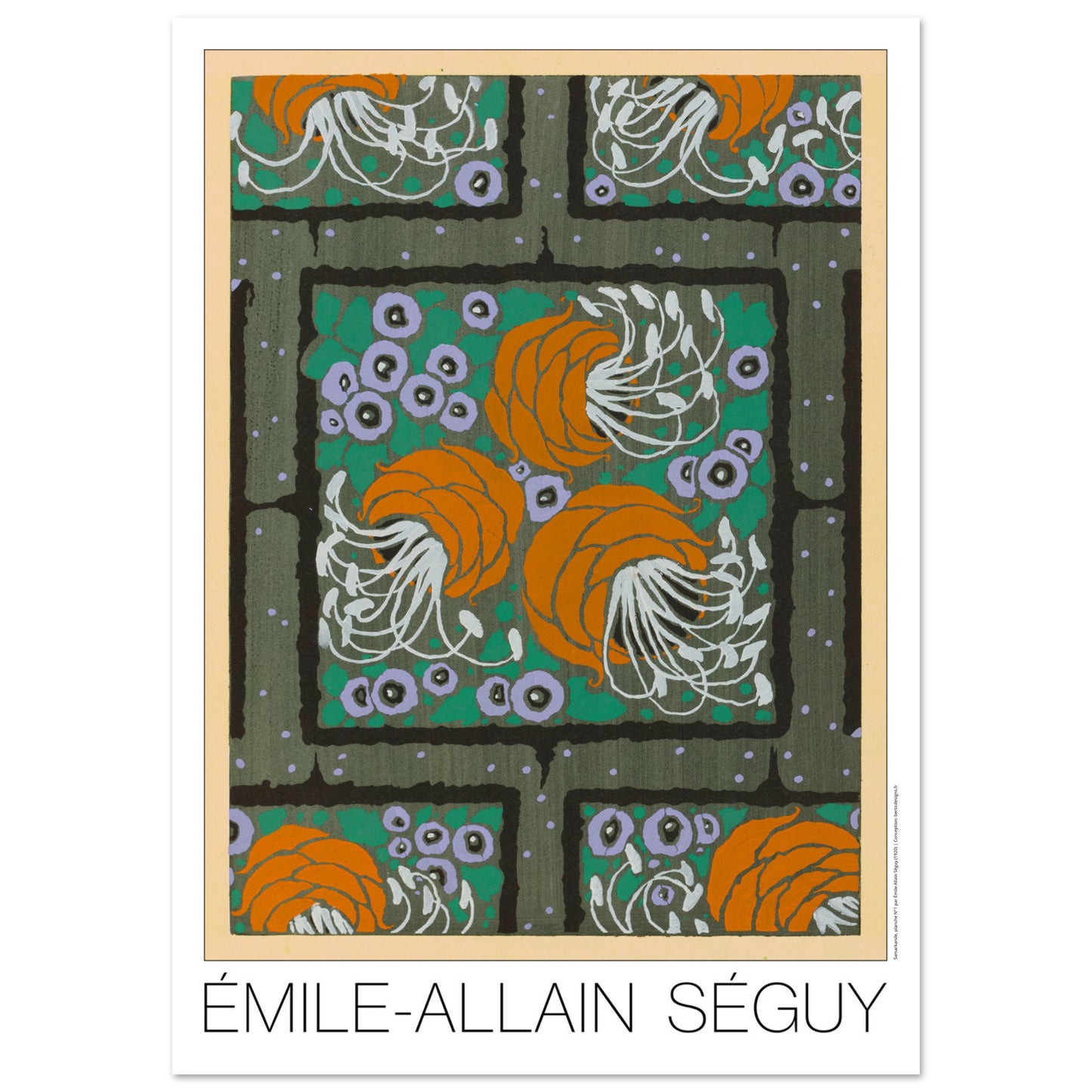 Planche Samarkande, motifs floraux oranges et verts par E.A. Séguy (84,1x118,9 cm (A0)). Motifs de Samarkande par Émile-Allain Séguy : des formes florales stylisées oranges et violettes sur un fond quadrillé vert.
