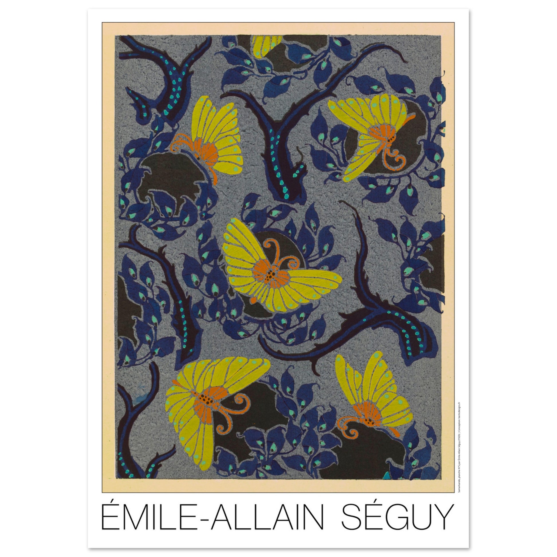 Planche Samarkande : papillons jaunes et feuillages par E.A. Séguy (29,7x42 cm (A3)). Motifs de Samarkande par Émile-Allain Séguy : des papillons jaunes aux ailes stylisées sur un fond bleu nuit orné de feuillages sombres.