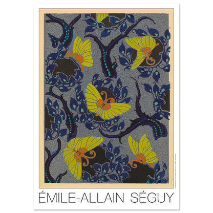 Planche Samarkande : papillons jaunes et feuillages par E.A. Séguy (29,7x42 cm (A3)). Motifs de Samarkande par Émile-Allain Séguy : des papillons jaunes aux ailes stylisées sur un fond bleu nuit orné de feuillages sombres.