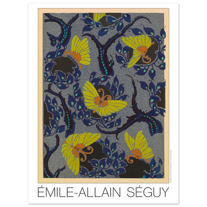 Planche Samarkande : papillons jaunes et feuillages par E.A. Séguy (30x40 cm). Motifs de Samarkande par Émile-Allain Séguy : des papillons jaunes aux ailes stylisées sur un fond bleu nuit orné de feuillages sombres.