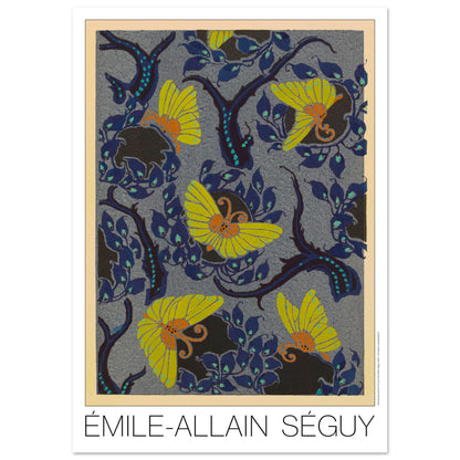 Planche Samarkande : papillons jaunes et feuillages par E.A. Séguy (42x59,4 cm (A2)). Motifs de Samarkande par Émile-Allain Séguy : des papillons jaunes aux ailes stylisées sur un fond bleu nuit orné de feuillages sombres.