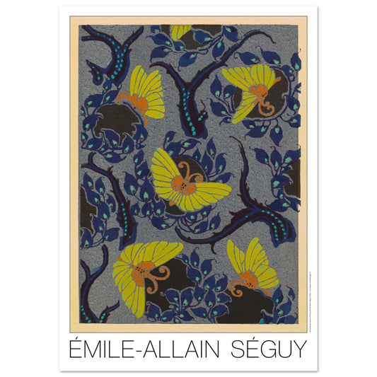 Planche Samarkande : papillons jaunes et feuillages par E.A. Séguy (42x59,4 cm (A2)). Motifs de Samarkande par Émile-Allain Séguy : des papillons jaunes aux ailes stylisées sur un fond bleu nuit orné de feuillages sombres.