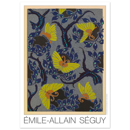 Planche Samarkande : papillons jaunes et feuillages par E.A. Séguy (50x70 cm). Motifs de Samarkande par Émile-Allain Séguy : des papillons jaunes aux ailes stylisées sur un fond bleu nuit orné de feuillages sombres.