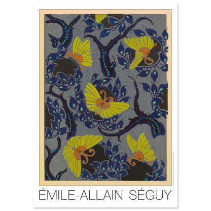 Planche Samarkande : papillons jaunes et feuillages par E.A. Séguy (59,4x84,1 cm (A1)). Motifs de Samarkande par Émile-Allain Séguy : des papillons jaunes aux ailes stylisées sur un fond bleu nuit orné de feuillages sombres.