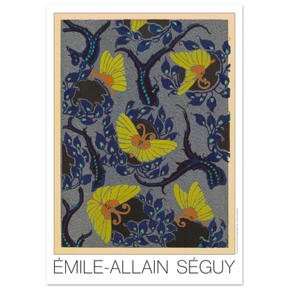Planche Samarkande : papillons jaunes et feuillages par E.A. Séguy (70x100 cm). Motifs de Samarkande par Émile-Allain Séguy : des papillons jaunes aux ailes stylisées sur un fond bleu nuit orné de feuillages sombres.