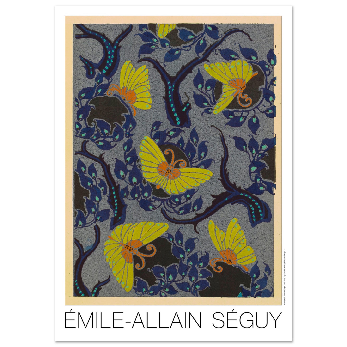 Planche Samarkande : papillons jaunes et feuillages par E.A. Séguy (84,1x118,9 cm (A0)). Motifs de Samarkande par Émile-Allain Séguy : des papillons jaunes aux ailes stylisées sur un fond bleu nuit orné de feuillages sombres.