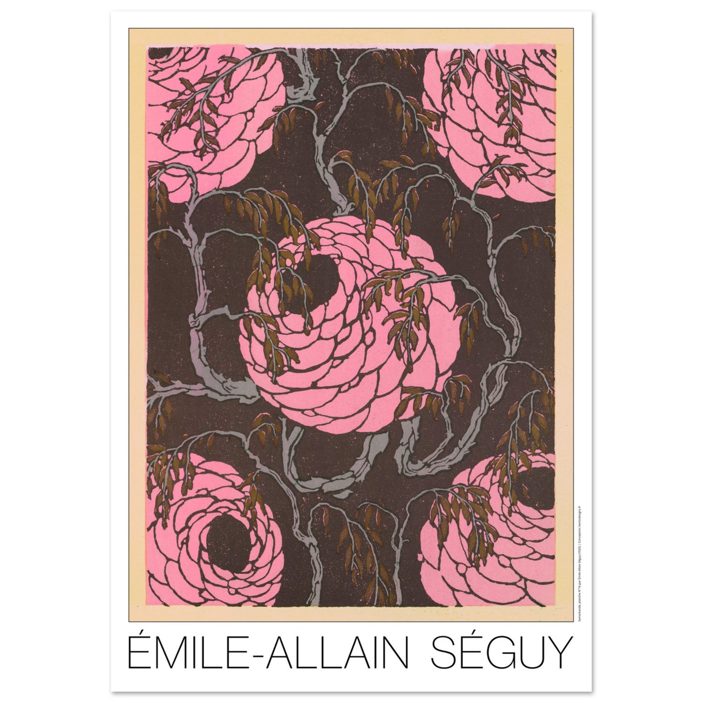 Planche de roses stylisées, Samarkande d’Émile-Allain Séguy (29,7x42 cm (A3)). Gravure Art déco de roses stylisées de couleur rose vif sur un fond sombre et texturé, entourées de branches fines et de feuilles brunes.