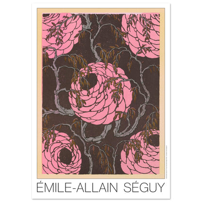 Planche de roses stylisées, Samarkande d’Émile-Allain Séguy (29,7x42 cm (A3)). Gravure Art déco de roses stylisées de couleur rose vif sur un fond sombre et texturé, entourées de branches fines et de feuilles brunes.