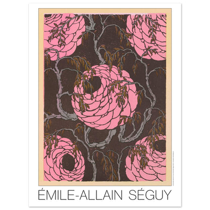 Planche de roses stylisées, Samarkande d’Émile-Allain Séguy (30x40 cm). Gravure Art déco de roses stylisées de couleur rose vif sur un fond sombre et texturé, entourées de branches fines et de feuilles brunes.