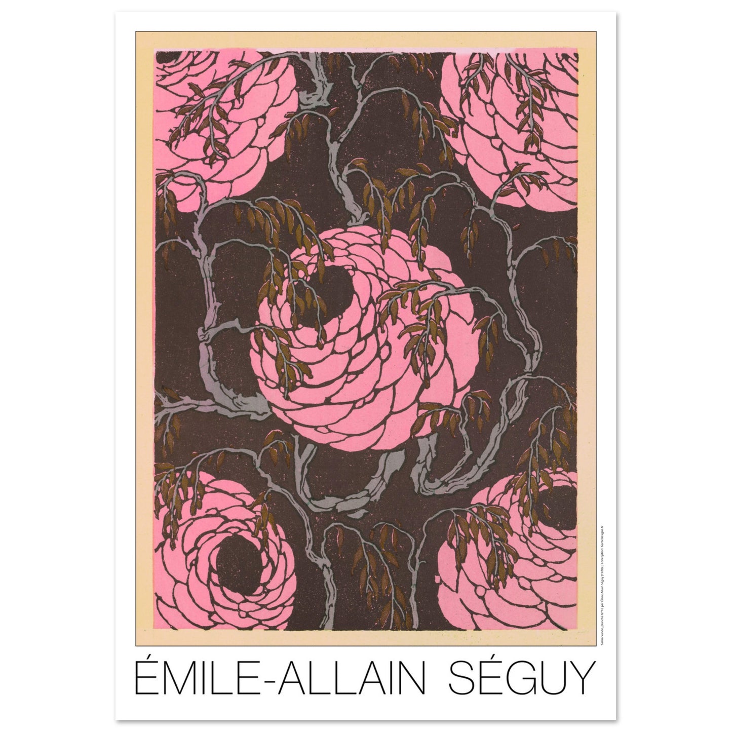Planche de roses stylisées, Samarkande d’Émile-Allain Séguy (42x59,4 cm (A2)). Gravure Art déco de roses stylisées de couleur rose vif sur un fond sombre et texturé, entourées de branches fines et de feuilles brunes.
