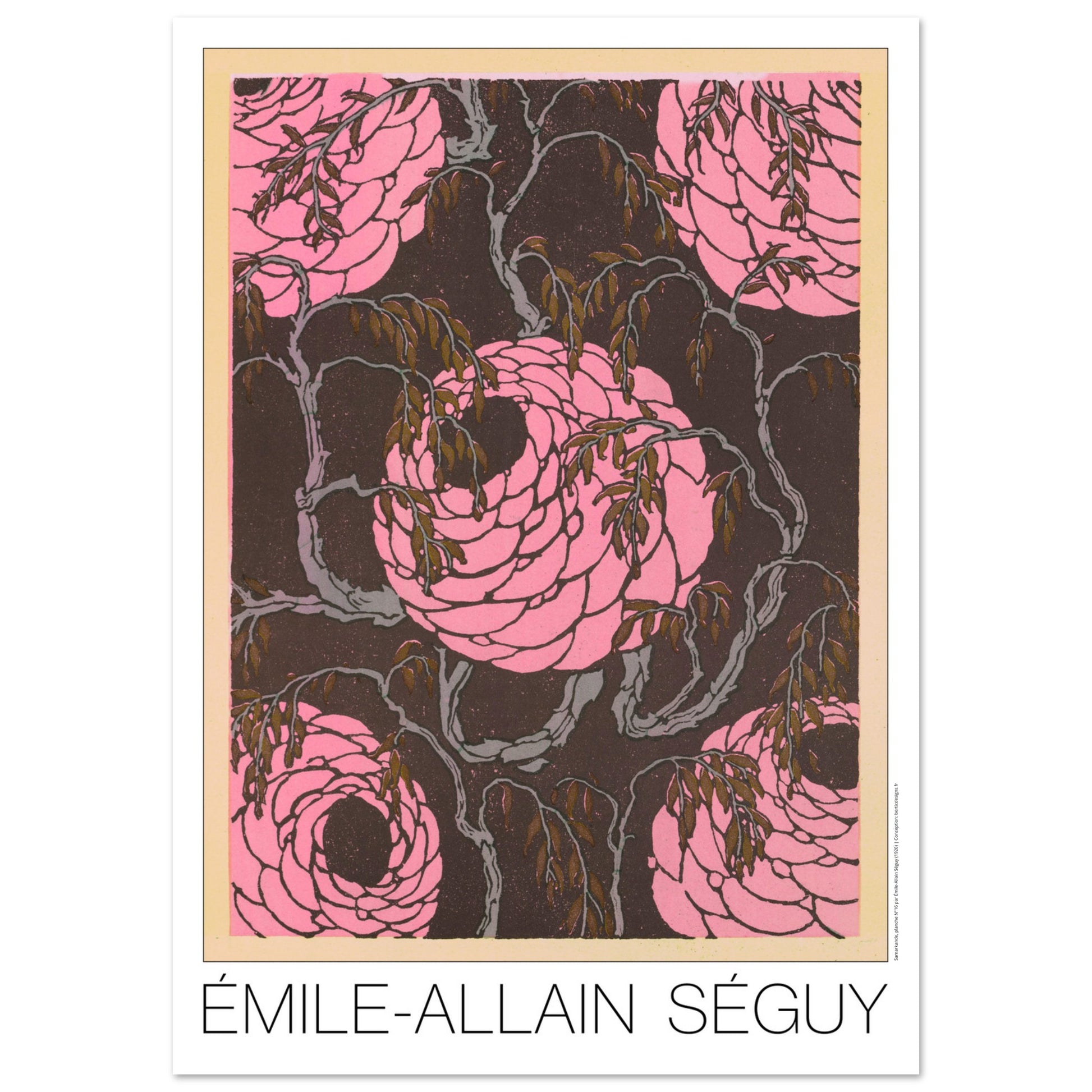 Planche de roses stylisées, Samarkande d’Émile-Allain Séguy (59,4x84,1 cm (A1)). Gravure Art déco de roses stylisées de couleur rose vif sur un fond sombre et texturé, entourées de branches fines et de feuilles brunes.