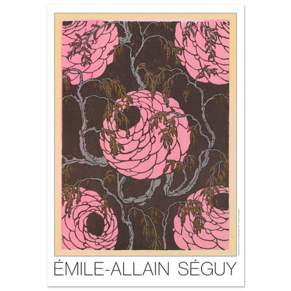 Planche de roses stylisées, Samarkande d’Émile-Allain Séguy (70x100 cm). Gravure Art déco de roses stylisées de couleur rose vif sur un fond sombre et texturé, entourées de branches fines et de feuilles brunes.