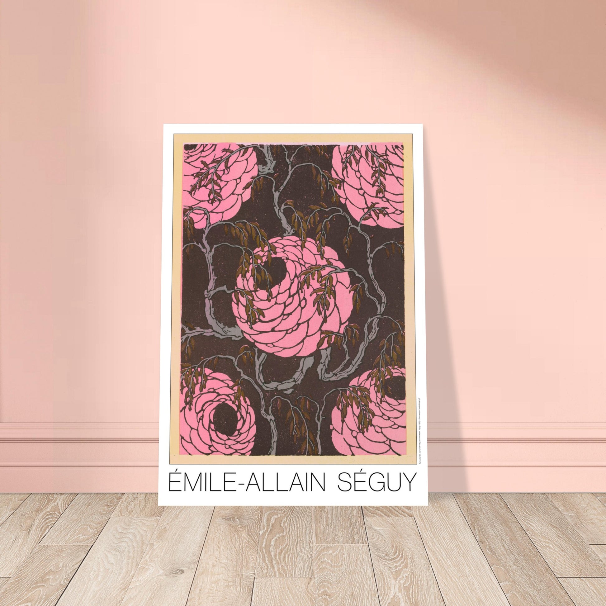Planche de roses stylisées, Samarkande d’Émile-Allain Séguy. Gravure Art déco de roses stylisées de couleur rose vif sur un fond sombre et texturé, entourées de branches fines et de feuilles brunes. Image d'illustration 8