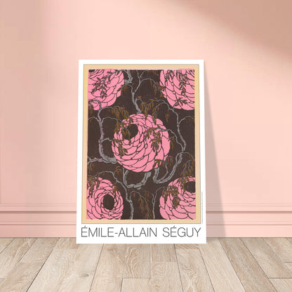 Planche de roses stylisées, Samarkande d’Émile-Allain Séguy. Gravure Art déco de roses stylisées de couleur rose vif sur un fond sombre et texturé, entourées de branches fines et de feuilles brunes. Image d'illustration 8
