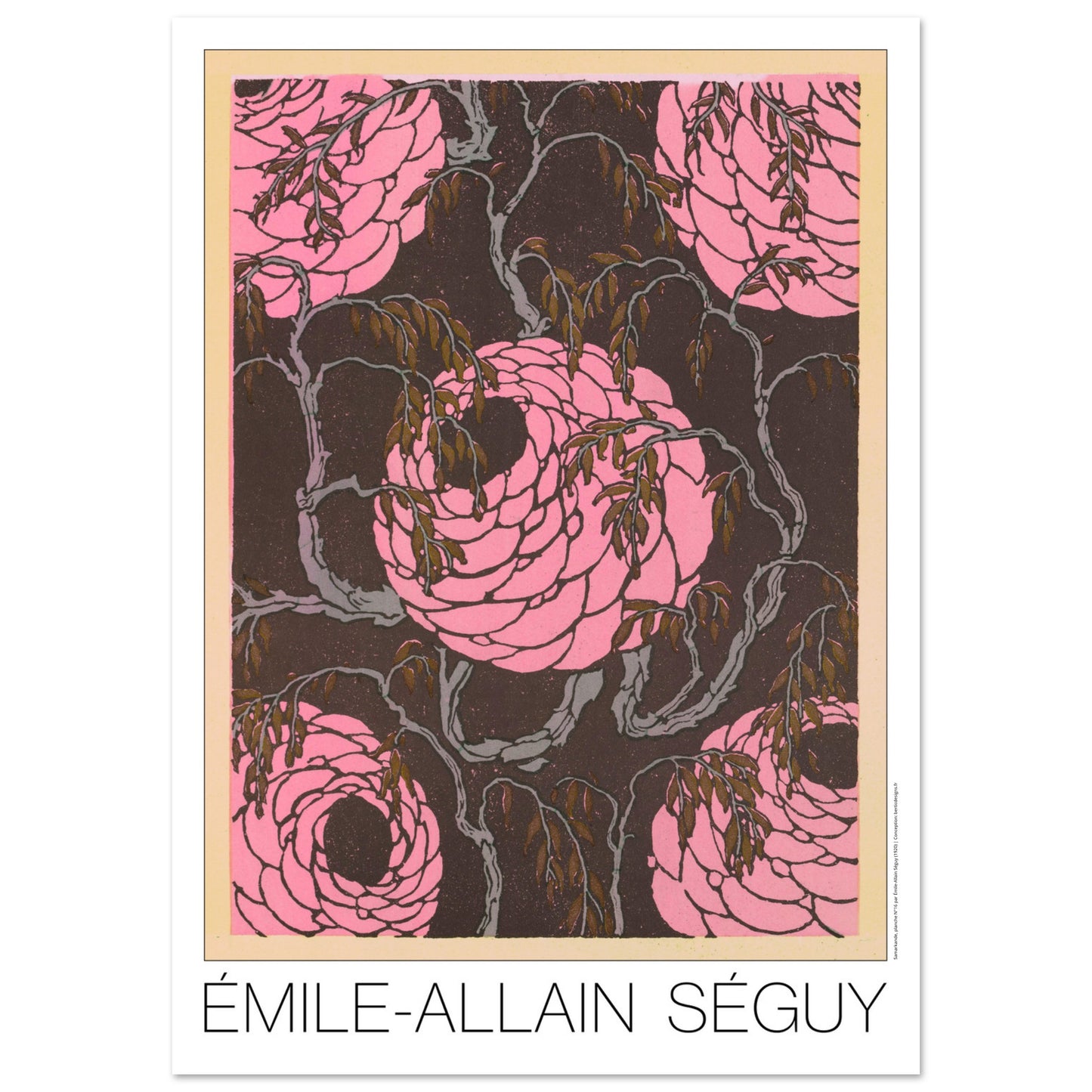 Planche de roses stylisées, Samarkande d’Émile-Allain Séguy (84,1x118,9 cm (A0)). Gravure Art déco de roses stylisées de couleur rose vif sur un fond sombre et texturé, entourées de branches fines et de feuilles brunes.