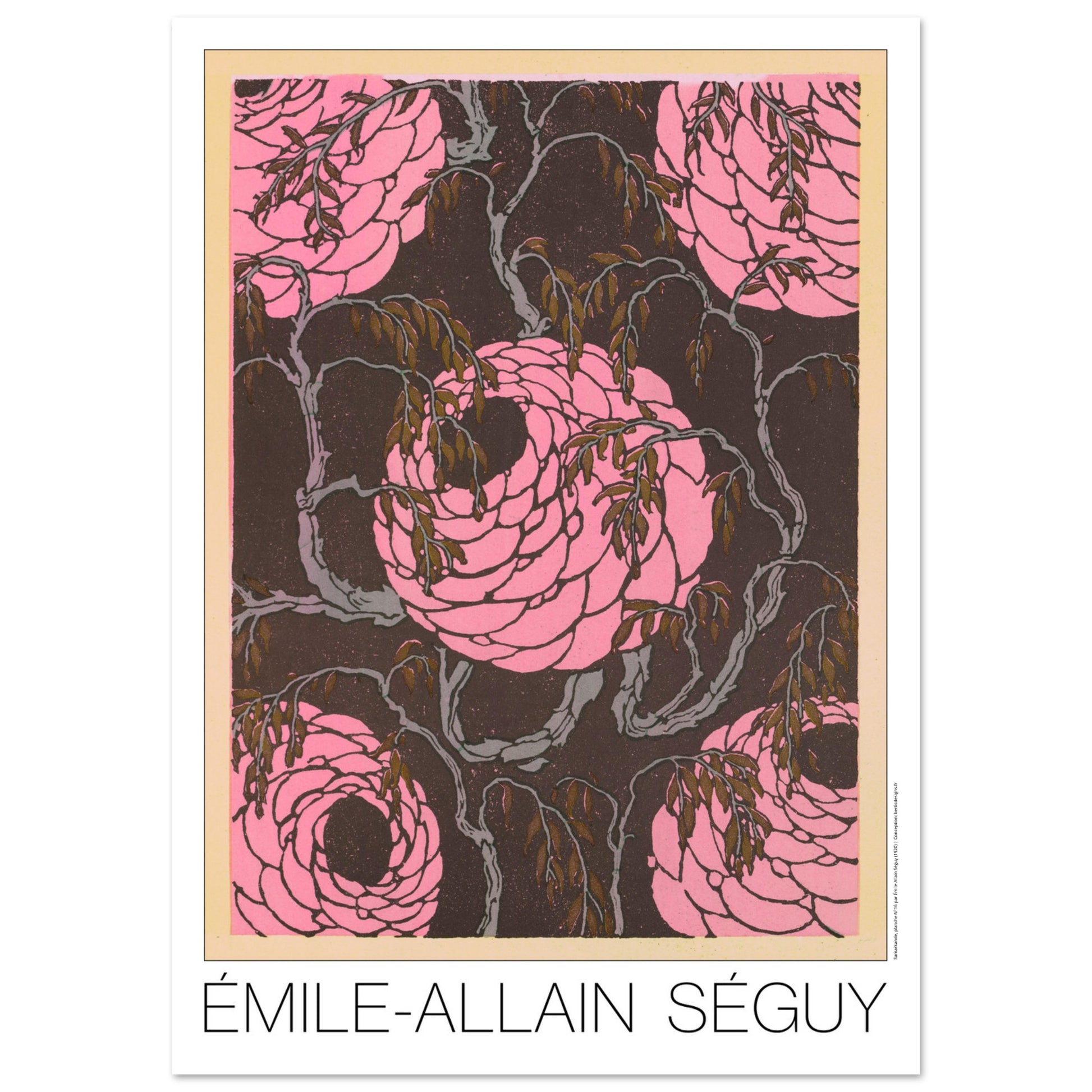 Planche de roses stylisées, Samarkande d’Émile-Allain Séguy (84,1x118,9 cm (A0)). Gravure Art déco de roses stylisées de couleur rose vif sur un fond sombre et texturé, entourées de branches fines et de feuilles brunes.