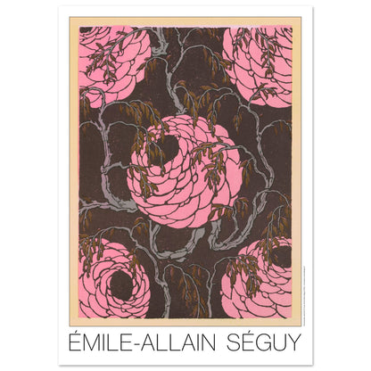 Planche de roses stylisées, Samarkande d’Émile-Allain Séguy (84,1x118,9 cm (A0)). Gravure Art déco de roses stylisées de couleur rose vif sur un fond sombre et texturé, entourées de branches fines et de feuilles brunes.