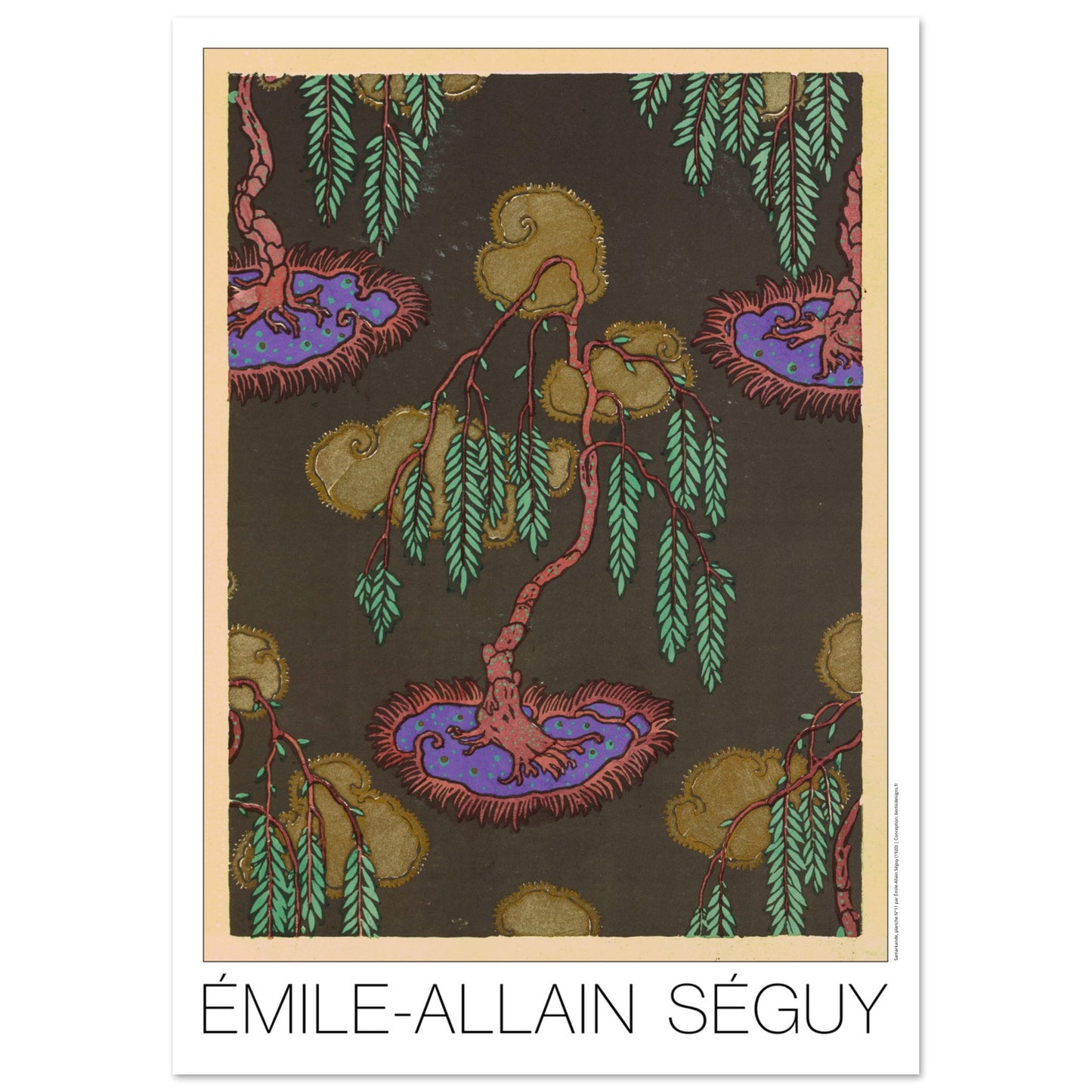 Planche Saule pleureur et motifs dorés, Samarkande de Séguy (59,4x84,1 cm (A1)). Gravure Art déco représentant un arbre pleureur aux branches fines et feuilles vertes tombantes, sur fond sombre, avec des motifs aquatiques stylisés de couleur violette et dorée.